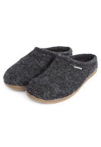 Dunkelgraue Filzslipper mit abgerundeter Zehenpartie, wollartiger Textur und einer Sohle aus Naturfasern. Mit einem seitlichen Etikett mit dem Markennamen.