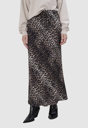 Maxi-jurk met luipaardprint, gemaakt van zachte stof, met een trekkoord in de taille, in zwart en tan kleur, en een vloeiende design.