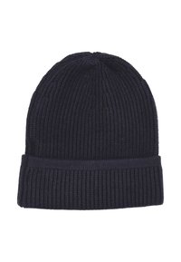 Beanie lavorato a maglia blu navy con texture a coste e risvolto. Realizzato in materiale elastico, adatto per un look casual e per il freddo.