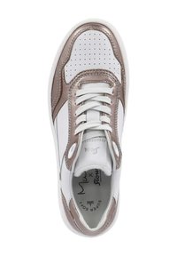 White sneaker with metallic rose accents, perforated design, and a textured surface. Features white laces and a padded tongue.