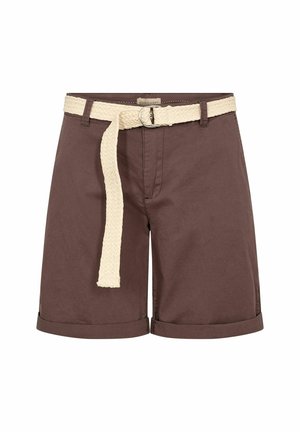 Brown cotton shorts with a woven cream belt, featuring a rolled hem and front pockets. The belt has a metal buckle.