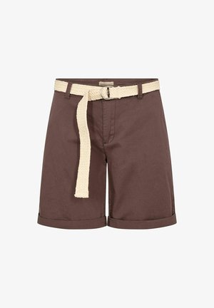 Hnedé bavlnené šortky s tkaným krémovým opaskom, s prehnutým lemom a prednými vreckami. Opasok má kovovú pracku.