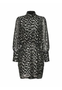 Mini-robe noire transparente à manches longues avec taches argentées irrégulières, manches bouffantes, col montant et taille froncée.