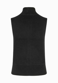 Melnā adīta bez piedurknēm turtlenecka džemperis ar ribotu tekstūru, kuram ir augsts apkakles līmenis un sašaurināts pie apakšmalas.
