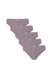 Cinque paia di bikini da donna di colore lavanda uniforme, realizzati in tessuto liscio, con un'etichetta con logo discreta sulla fascia in vita.