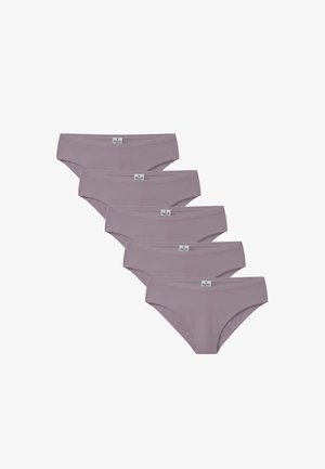 Cinq paires de culottes bikini pour femmes en couleur lavande unie, fabriquées dans un tissu lisse, avec une étiquette de logo subtile sur la ceinture.
