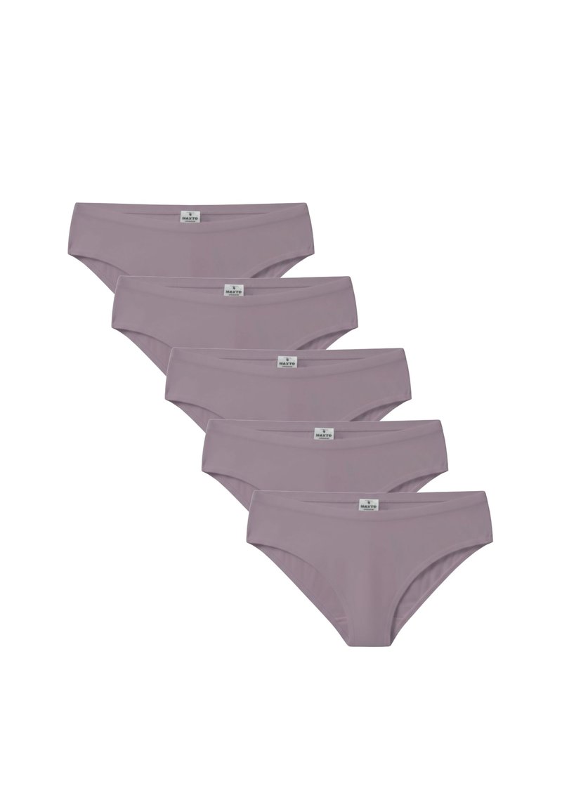 Cinque paia di bikini da donna di colore lavanda uniforme, realizzati in tessuto liscio, con un'etichetta con logo discreta sulla fascia in vita.