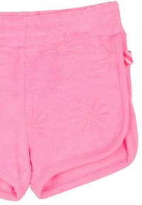 Roze terrycloth shorts met een zachte textuur, voorzien van bedrukt zonpatroon en een contrasterende elastische tailleband met zijaccenten.