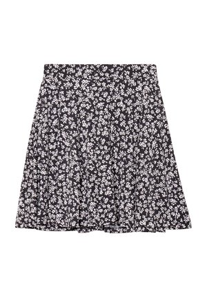 Jupe noire à motifs floraux blancs, design plissé, tissu léger et taille ajustée. Adaptée à un port décontracté.