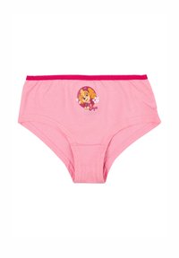 Rosa Baumwollunterwäsche mit einem Charakterdesign eines Hundes, einem kreisförmigen Motiv und floralen Akzenten. Abgesetzt mit einem kontrastierenden pinken Band.