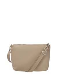Borsa a tracolla in pelle beige con superficie testurizzata, tracolla regolabile e chiusura a zip. Forma semplice e rettangolare con accenti in metallo argentato.