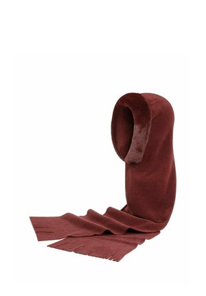 Soft, dark red scarf with a plush-lined hood, laid out with fringed ends visible, suitable for cold weather.