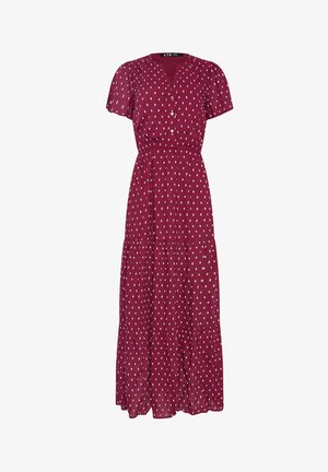 Bordeauxrotes Maxikleid mit kurzen Ärmeln, geknöpftem V-Ausschnitt, elastischer Taille, gestuftem Rock und kleinem weißen rechteckigen Muster überall.