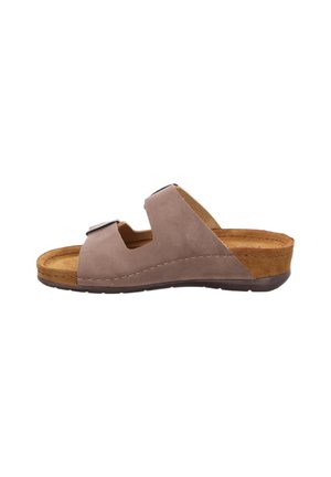 Sandalo in pelle marrone con due ampie cinghie e design a intagli. Soletta in sughero e suola in gomma, con dettagli di cucitura visibili.