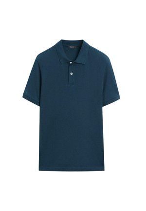 Polo a maniche corte blu navy con colletto e due bottoni bianchi sulla patta.
