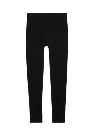 Schwarze Leggings aus dehnbarem Material, mit einem figurnahen Design, einer vorderen Öffnung, engen Bündchen und nahtlosen Seiten.