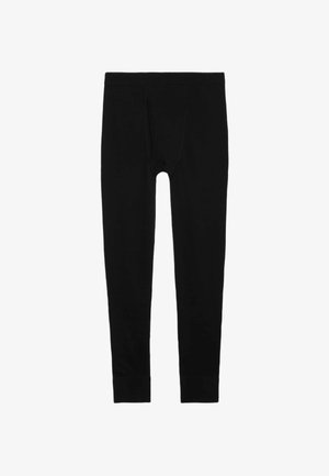 Schwarze Leggings aus dehnbarem Material, mit einem figurnahen Design, einer vorderen Öffnung, engen Bündchen und nahtlosen Seiten.