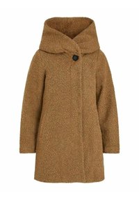 Abrigo marrón y texturizado con una gran capucha, cierre de un solo botón negro y bolsillos laterales. Presenta un diseño de tela gruesa y acogedora.