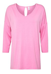 T-shirt rosa a scollo a V con maniche a tre quarti e una apertura a chiave sul retro. Realizzato in un tessuto leggero e morbido.