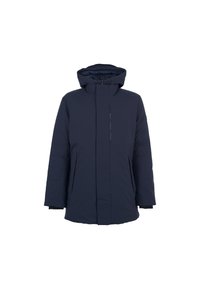 Navyblauwe winterjas met capuchon, met een ritssluiting aan de voorkant, twee zijzakken en lange mouwen op een effen witte achtergrond.