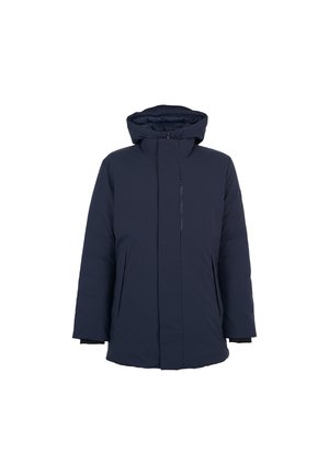 Giacca invernale con cappuccio di colore blu navy, con zip frontale, due tasche laterali e maniche lunghe su uno sfondo bianco semplice.