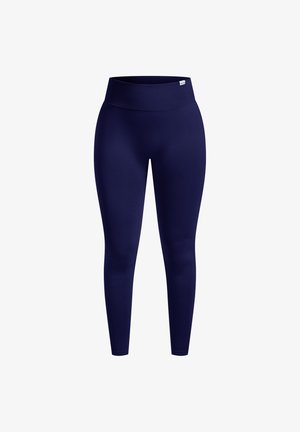 Marineblaue Leggings aus dehnbarem Stoff. Hoher Bund mit glatter Oberfläche, enganliegendes Design und keine sichtbaren Nähte oder Muster.
