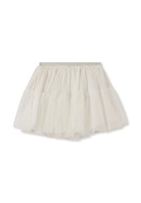 Gonna di tulle bianca con strati arricciati, dotata di una cintura elastica lucida argentata. Leggera al tatto e con una delicata lucentezza in tutto il tessuto.