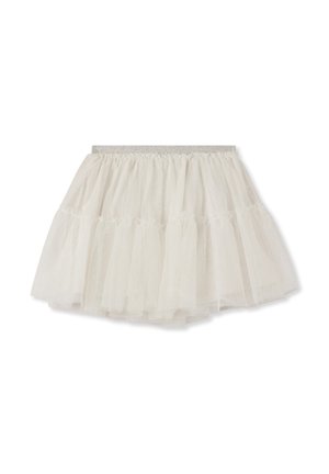 Gonna di tulle bianca con strati arricciati, dotata di una cintura elastica lucida argentata. Leggera al tatto e con una delicata lucentezza in tutto il tessuto.
