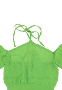 Top verde senza spalle con maniche a sbuffo corte, tessuto testurizzato e spalline regolabili nel collo. Dettaglio con vita elastica.