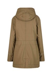 Giacca marrone con cappuccio, dal taglio morbido, caratterizzata da cuciture in vista, uno spacco posteriore e una texture liscia realizzata in un tessuto resistente.