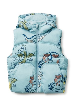 Hellblau gepolsterte Kinderweste mit Kapuze, Frontreißverschluss, Taschen und Cartoon-Drachenillustrationen in verschiedenen Farben.
