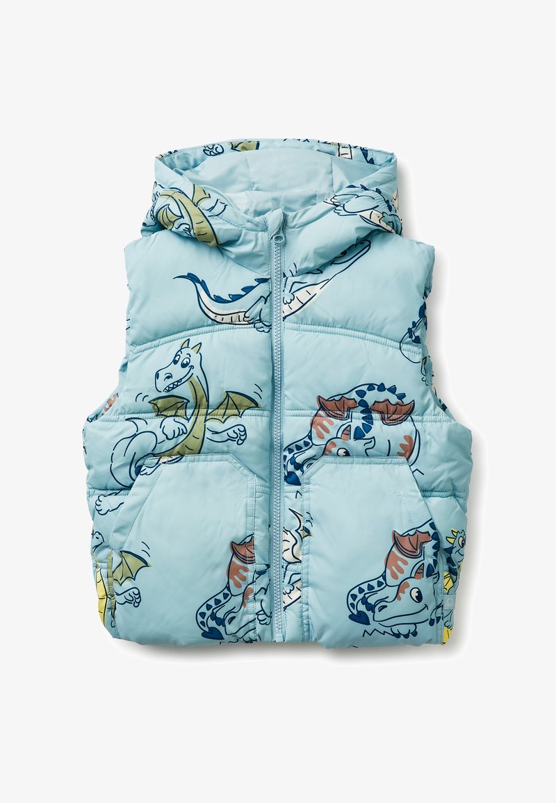 Veste matelassée pour enfants bleu clair avec capuche, fermeture éclair à l'avant, poches, et illustrations de dragons dessin animé en plusieurs couleurs.