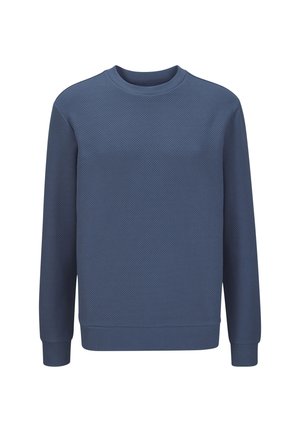 Blauer Pullover mit langen Ärmeln und Rundhalsausschnitt aus strukturiertem Stoff mit gerippten Bündchen am Ärmel und Bund, dargestellt auf weißem Hintergrund.
