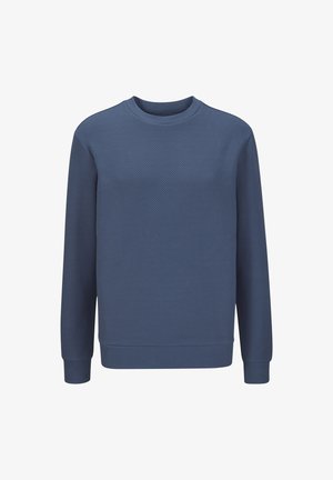 Blauer Pullover mit langen Ärmeln und Rundhalsausschnitt aus strukturiertem Stoff mit gerippten Bündchen am Ärmel und Bund, dargestellt auf weißem Hintergrund.