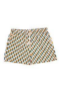 Costumi da bagno con motivo a tie-dye in arancione, verde e bianco. Realizzati in tessuto leggero con vita elastica e lacci.
