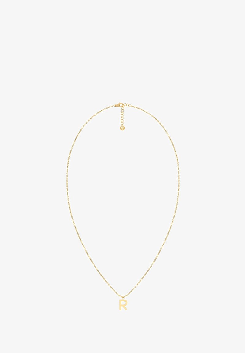 Kuldtooni kaelakee, millel on peen ahel ja silmapaistav „R“ ripats. Reguleeritav pikkus, millel on homaariklamber ja pikendaja.