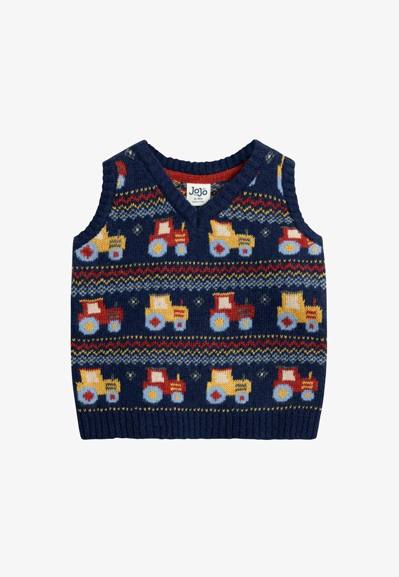 Marineblauer gestrickter ärmelloser Pullover mit roten und gelben Traktor-Mustern sowie geometrischen Designs, Größe 12-18 Monate.