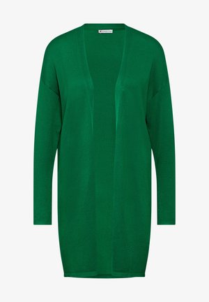 Cárdigan de manga larga y abertura frontal en un verde vibrante, hecho de un material de punto suave, con un ajuste relajado y sin cierres.