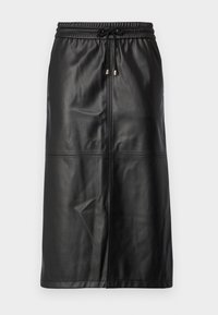 Černá sukně z umělé kůže s elastickým pasem a stahovací šňůrkou. Obsahuje prošívání a rovný střih. Hladký povrch.