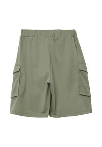 Khaki-Cargo-Shorts mit einem elastischen Bund, zwei Seitentaschen, einer glatten Textur und einer lockeren Passform, geeignet für legere Anlässe.