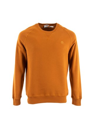 Sudadera de algodón naranja con mangas largas, escote en V, puños y dobladillo de canalé. Presenta un pequeño logo en el pecho. Textura suave.