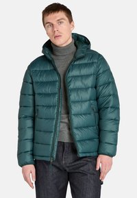 Muž ve tyrkysové péřové bundě přes šedý rolák a tmavé džíny, stojící proti bílému pozadí, dívající se přímo do kamery.