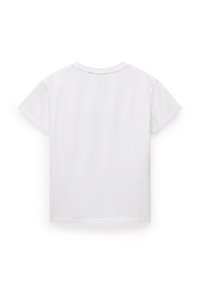 Hvid t-shirt med korte ærmer, rund halsudskæring, glat tekstur og lige kant. Enkel design, ingen mønstre eller accenter. Bagerste udsigt.