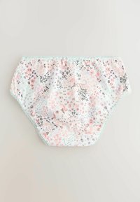 Valge naistepesu heleroosa ja musta lille- ning ükssarvikumustriga, ääristatud helesinise pitsiga.