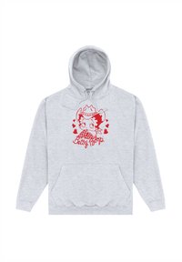 Felpa grigia con cappuccio regolabile, tasca frontale e design stampato rosso di un personaggio con cuori. Presenta polsini e orlo a costine.