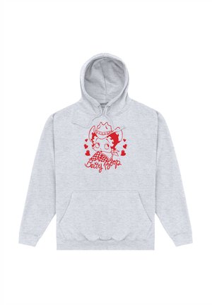 Gray hoodie with a drawstring hood, front pocket, and red printed design of a character with hearts. Features ribbed cuffs and hem.