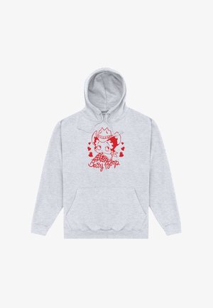 Grauer Hoodie mit Kordelzugkapuze, Fronttasche und rotem Druckdesign eines Charakters mit Herzen. Mit Rippenbündchen an den Ärmeln und dem Saum.