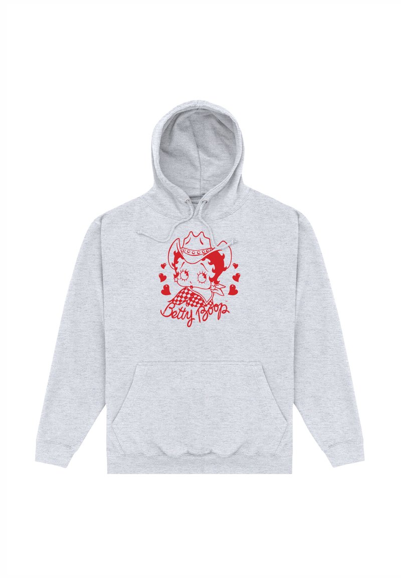Felpa grigia con cappuccio regolabile, tasca frontale e design stampato rosso di un personaggio con cuori. Presenta polsini e orlo a costine.