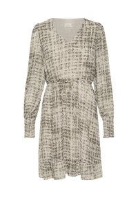 Robe à manches courtes en beige clair avec un motif abstrait gris discret. Dotée d'un décolleté en V et d'une taille ajustable avec cordon.
