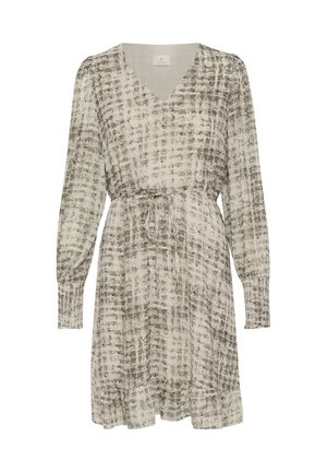 Kurzes Kleid mit kurzen Ärmeln in hellem Beige mit einem gedämpften grauen abstrakten Muster. Verfügt über einen V-Ausschnitt und einen verstellbaren Kordelzug in der Taille.